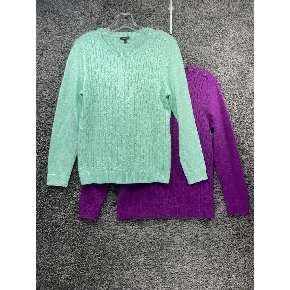 Lot of 2 Talbots Sweater Women Sz L Purple Light Aqua Cable Knit Shoulder Button